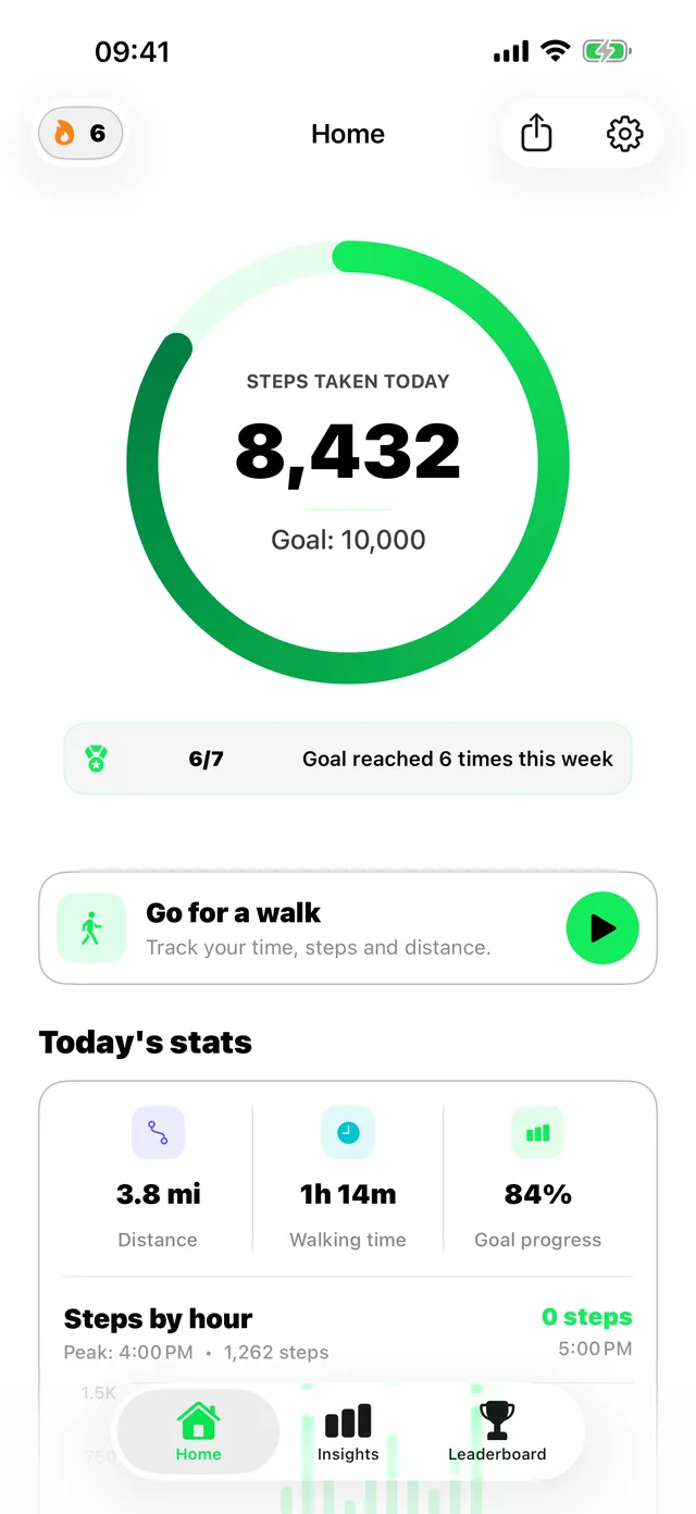 The 10K Steps home screen showing 8,432 steps taken today against a goal of 10,000