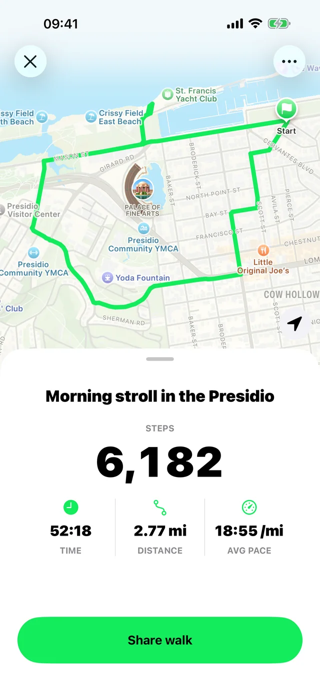 A recorded walk showing 6,182 steps, 52 minutes and a route across the Presidio